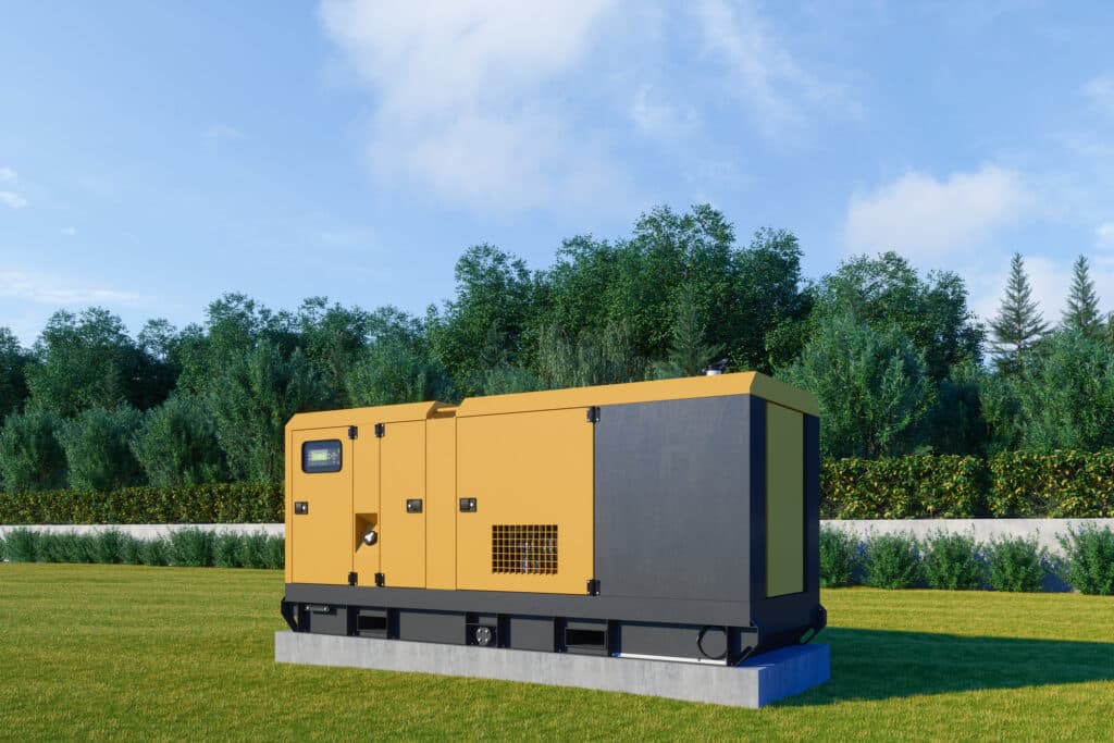 Diesel generator on grass with a forest background. Generator Repair by Mister Sparky of Charleston.