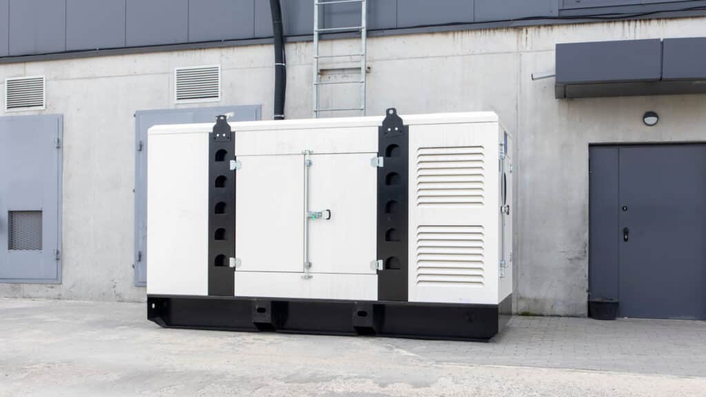 Industrial-grade white diesel generator installation, connected to control panel via cable wire, ensures reliable backup power by Mister Sparky of Charleston, SC.