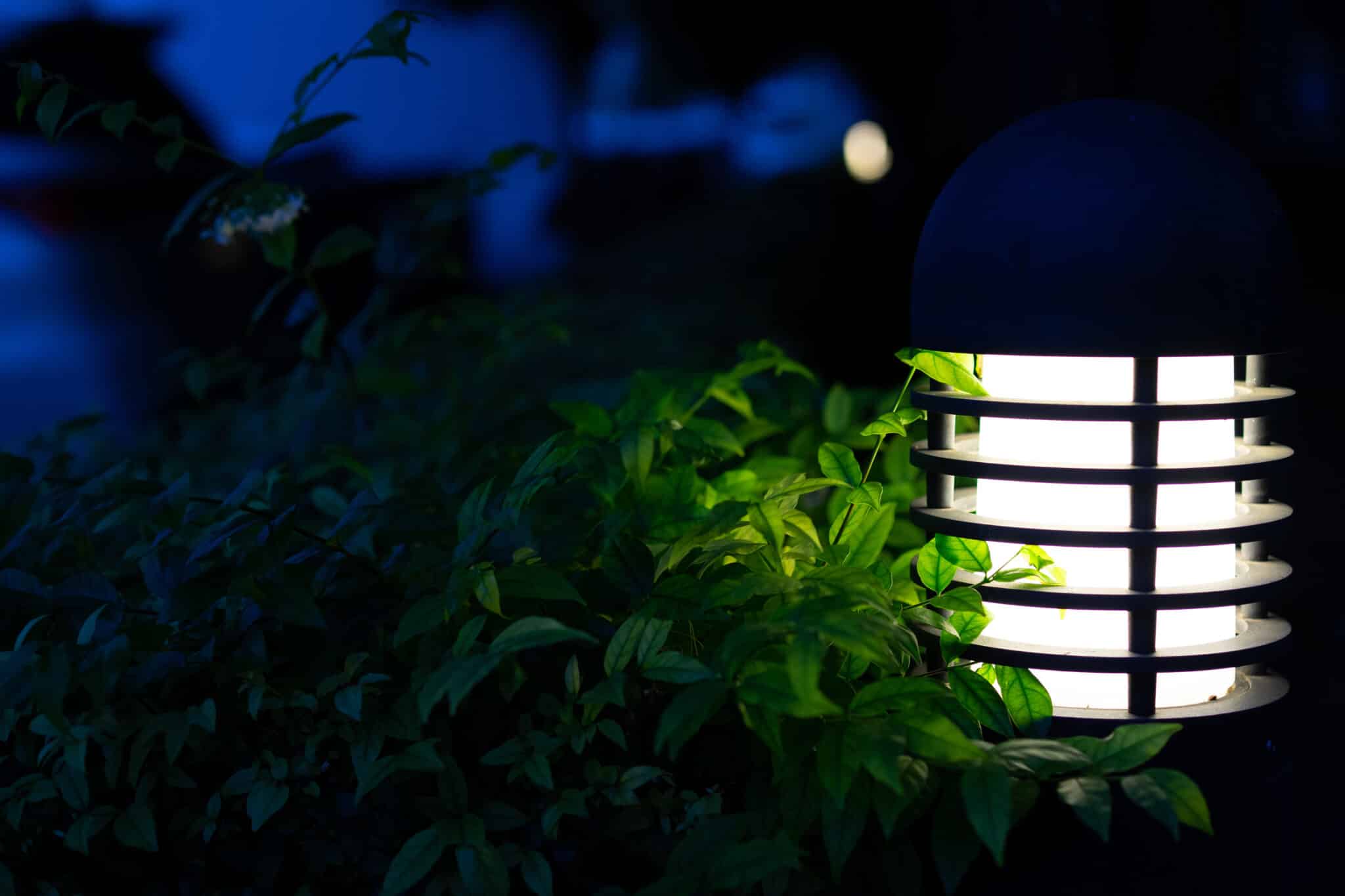 "Retro-style outdoor LED lighting lantern at footpath with tree.