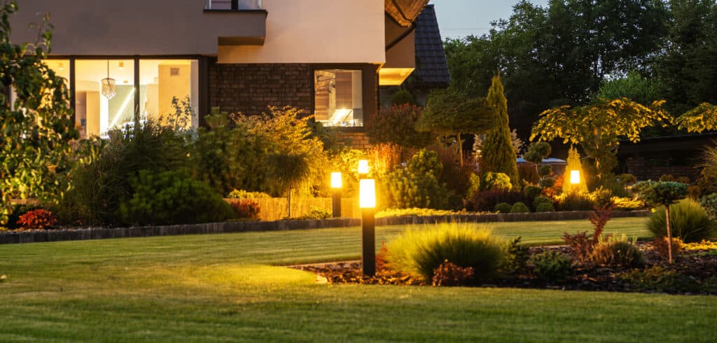 Outdoor LED lighting for a residential backyard garden.