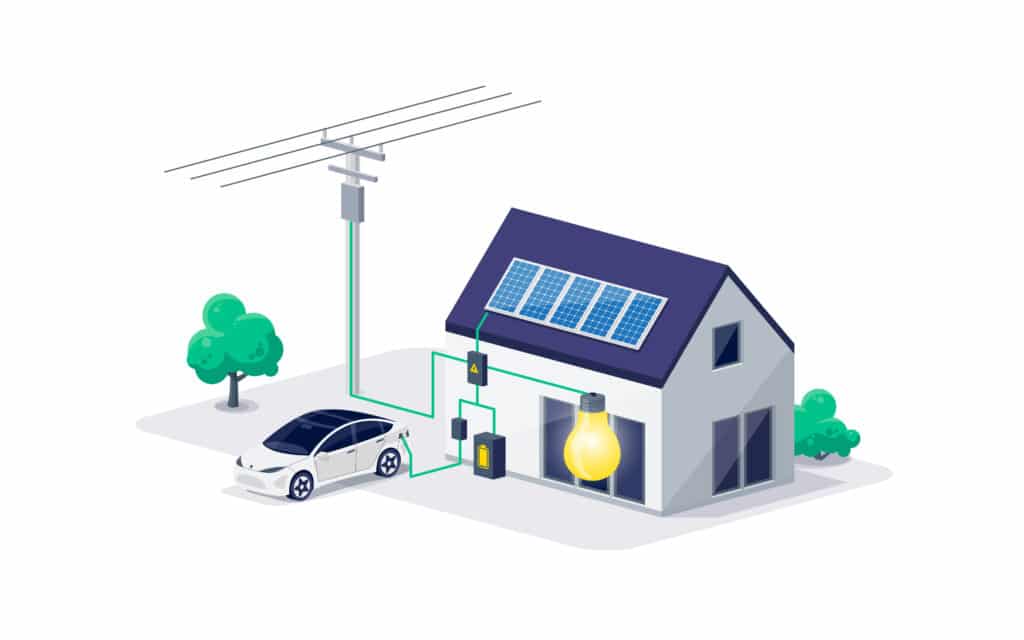 Home Electrical Systems, electricity scheme with a battery energy storage system on a modern house's photovoltaic solar panels and rechargeable backup. Electric car charging on a renewable, smart power off-grid system.