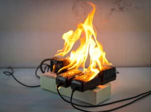 A fire hazard can occur when an adapter is used at a plug receptacle, leading to electrical overloads.
